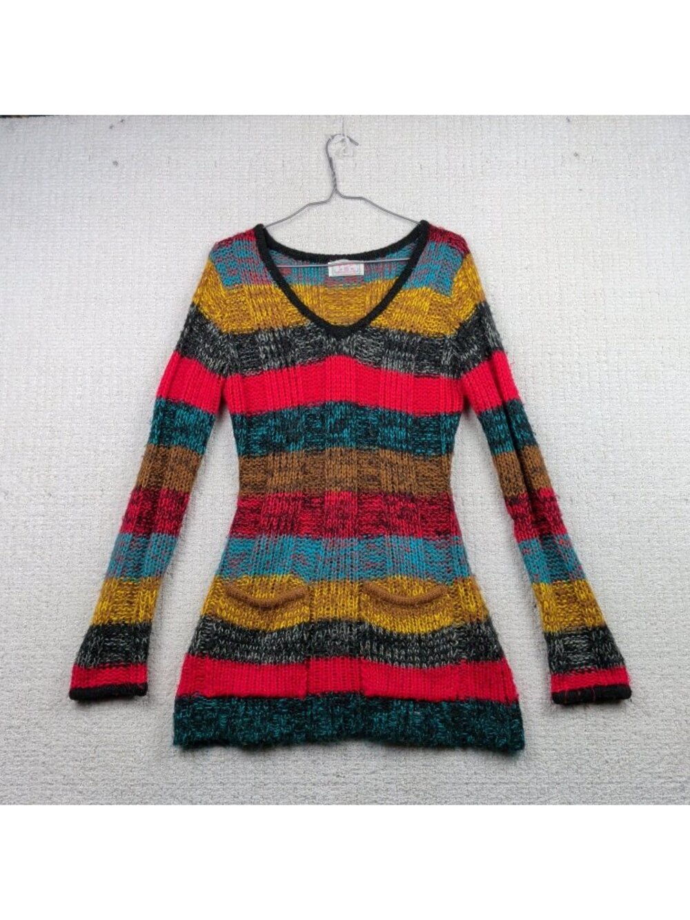 Vintage F & F Crochet Knit Dress Sweater Striped Retro Boho Surfer Indie Read